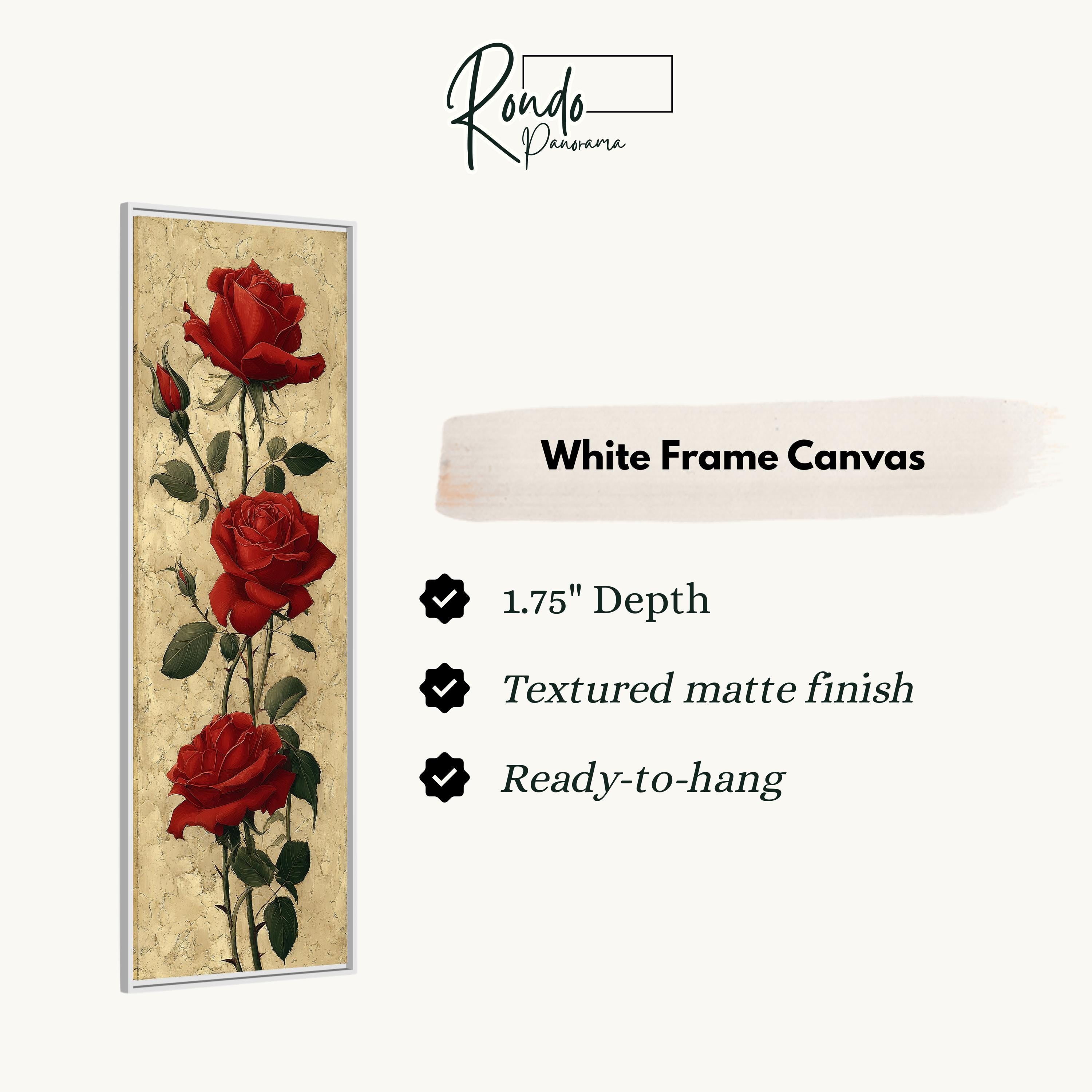 The image is a white frame canvas featuring a painting of three red roses.