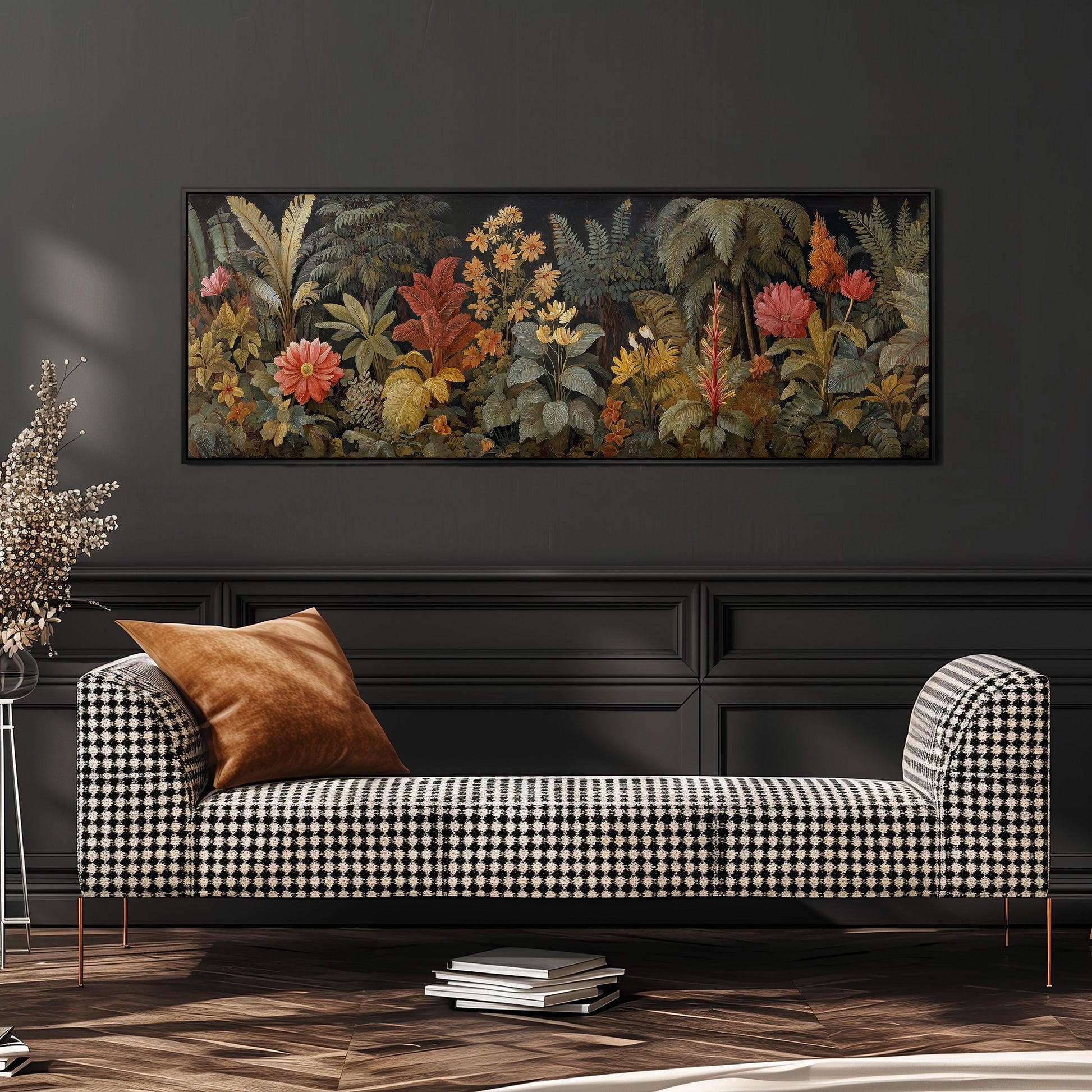 a black and white checkered sofa with a brown throw pillow, set against a dark wall with a large painting of a tropical garden hanging above it.