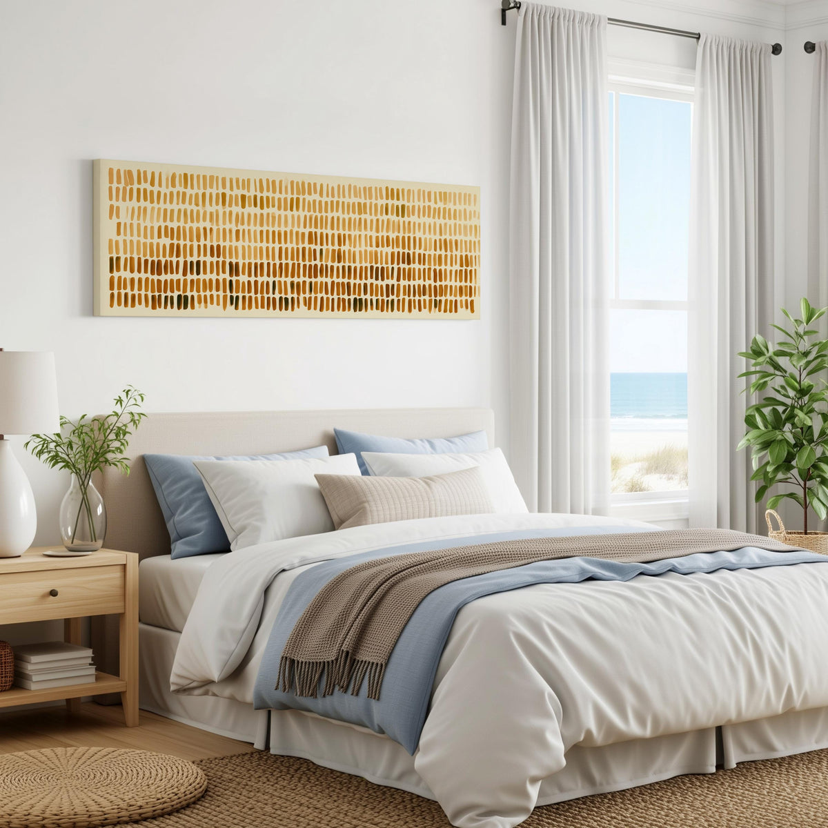 Brushmarks fading from cream to amber panoramic canvas print above a bed in a coastal bedroom