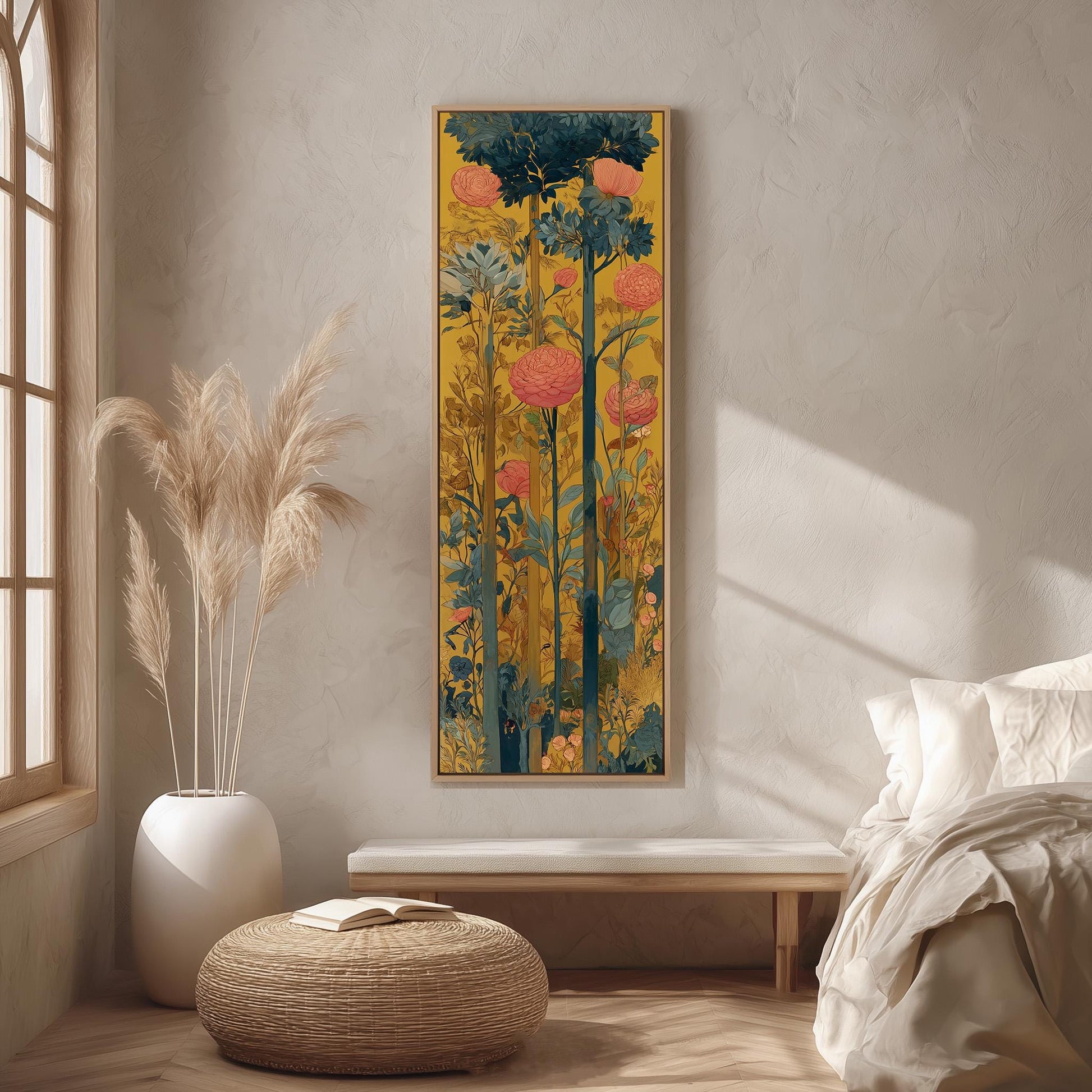 a serene and cozy bedroom scene, featuring a large, vibrant painting of flowers hanging on the wall, a white bed with a white pillow, a white vase with tall potted plants, and a woven ottoman in front of the bed.