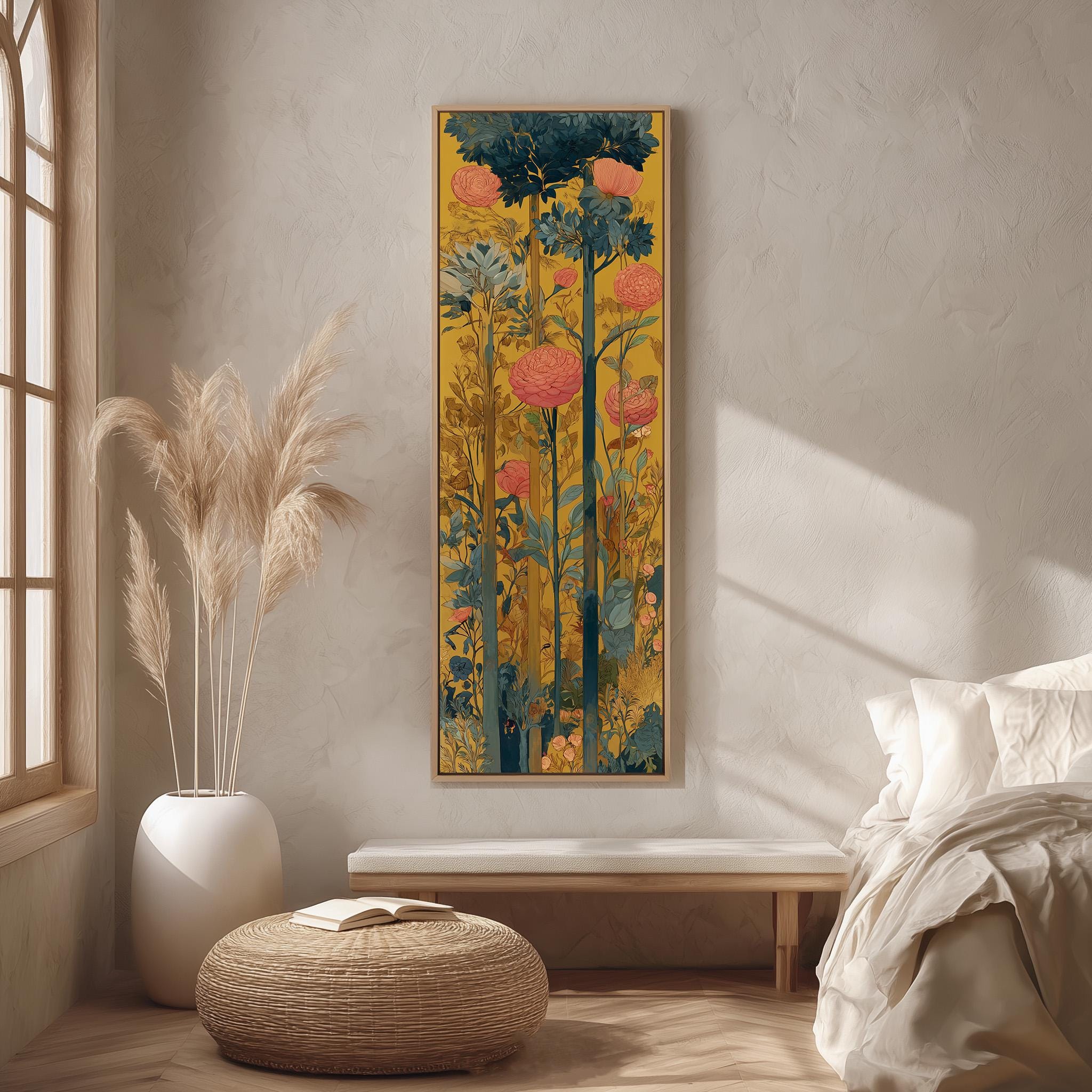 a serene and cozy bedroom scene, featuring a large, vibrant painting of flowers hanging on the wall, a white bed with a white pillow, a white vase with tall potted plants, and a woven ottoman in front of the bed.