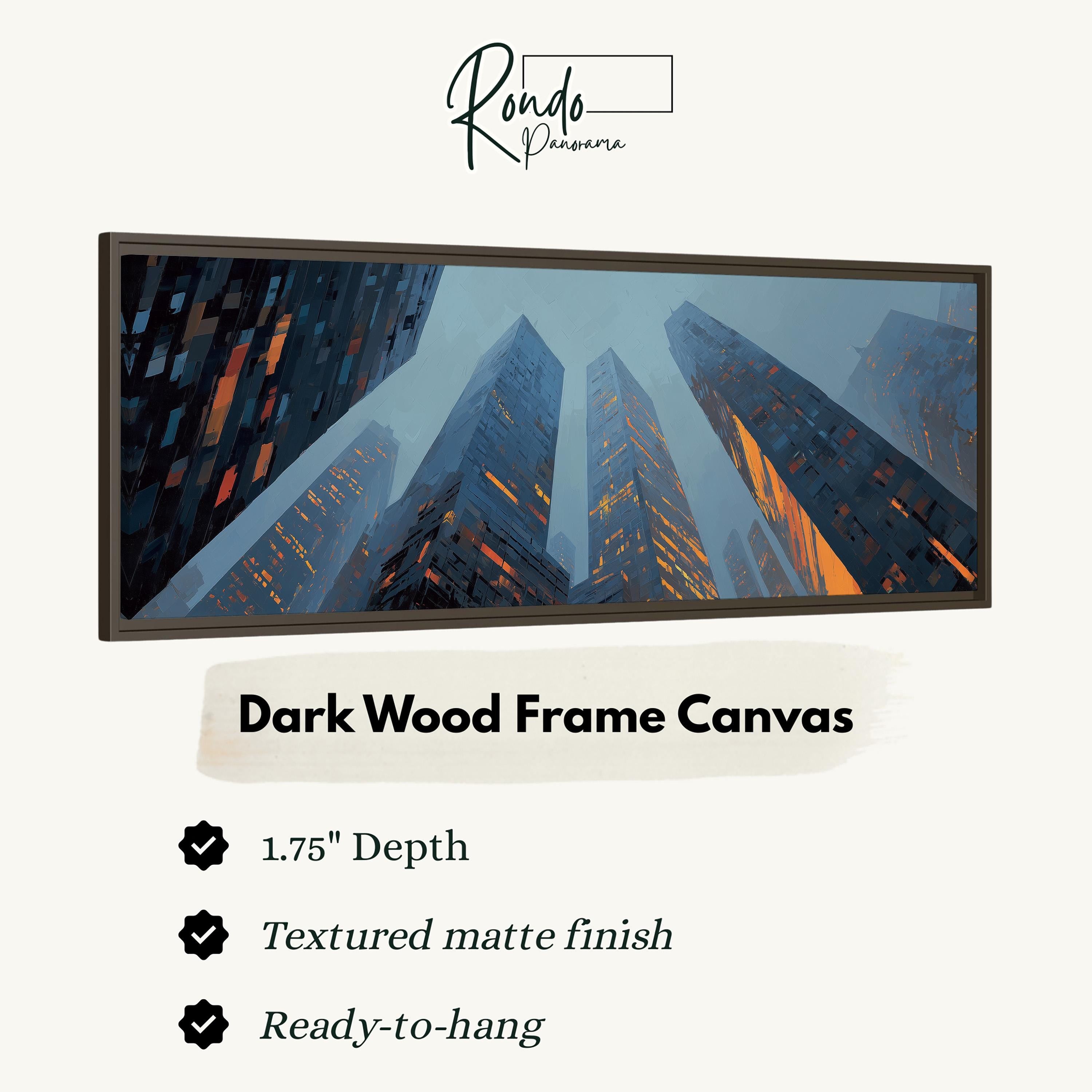 The image is a dark wood frame canvas featuring a cityscape with tall buildings in the background.