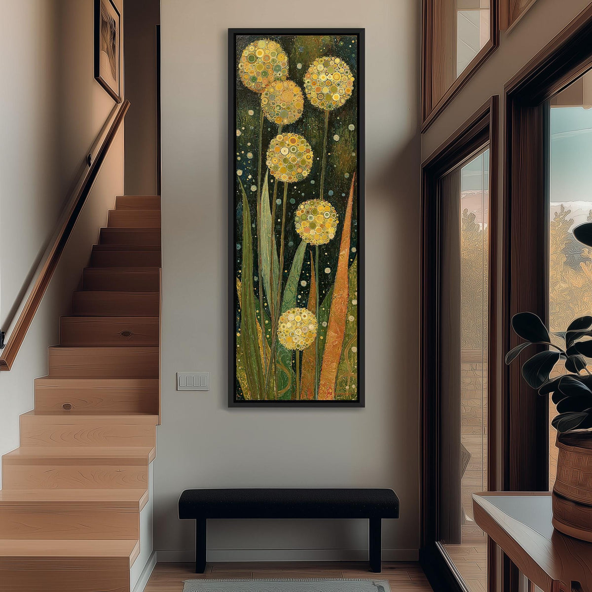 Golden allium blooms tall narrow canvas print beside a staircase in an entryway