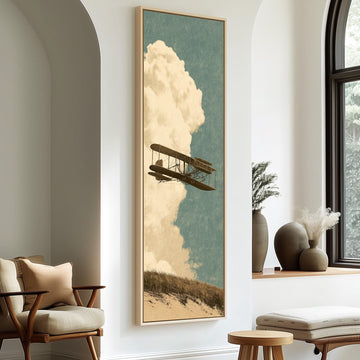 Vintage biplane flying past a tall cloud long vertical canvas print in a sunlit living space