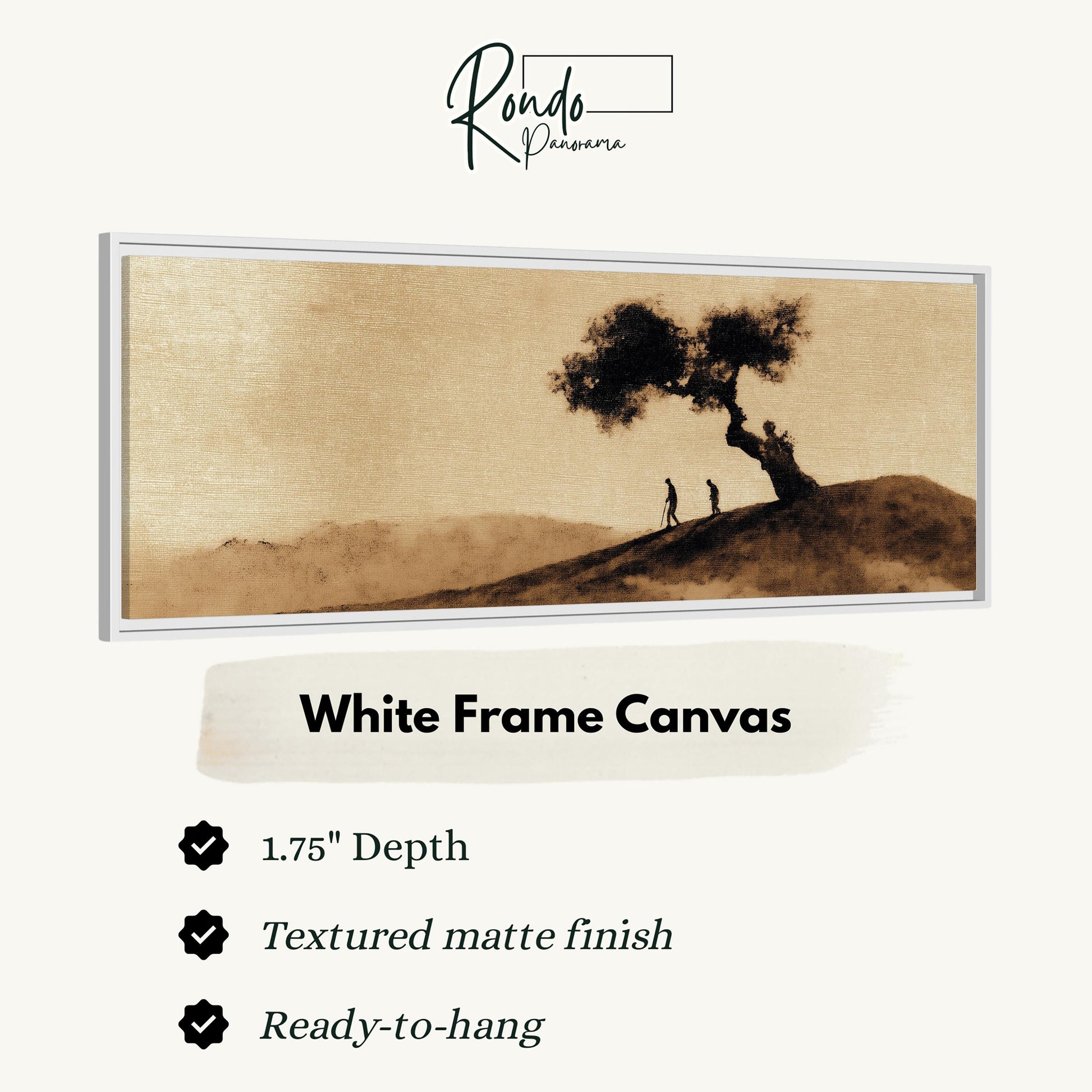The image is a white frame canvas depicting a tree and two people on a hill.