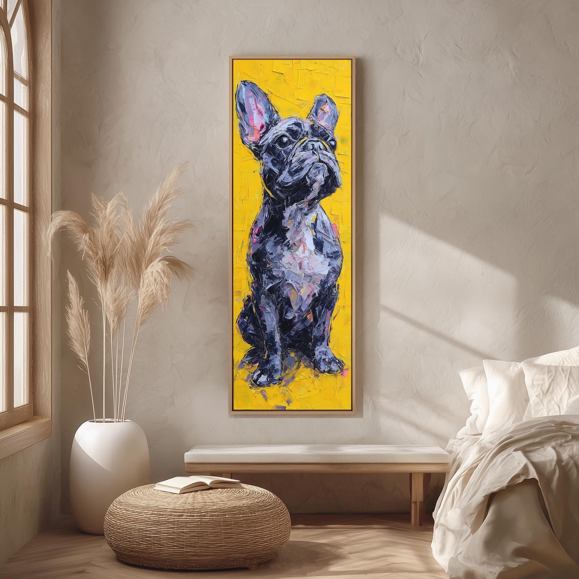 a large, colorful painting of a dog on a yellow background, hanging on a wall in a room with a bed, a potted plant, and a woven ottoman.